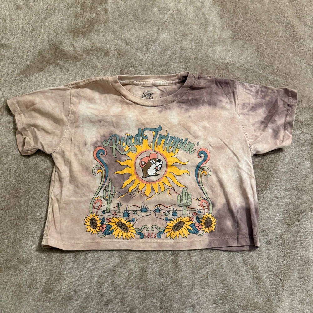 Buc-ee's Kids Road Trippin' Graphic Tie Dye Crop Top T-Shirt Brown YS